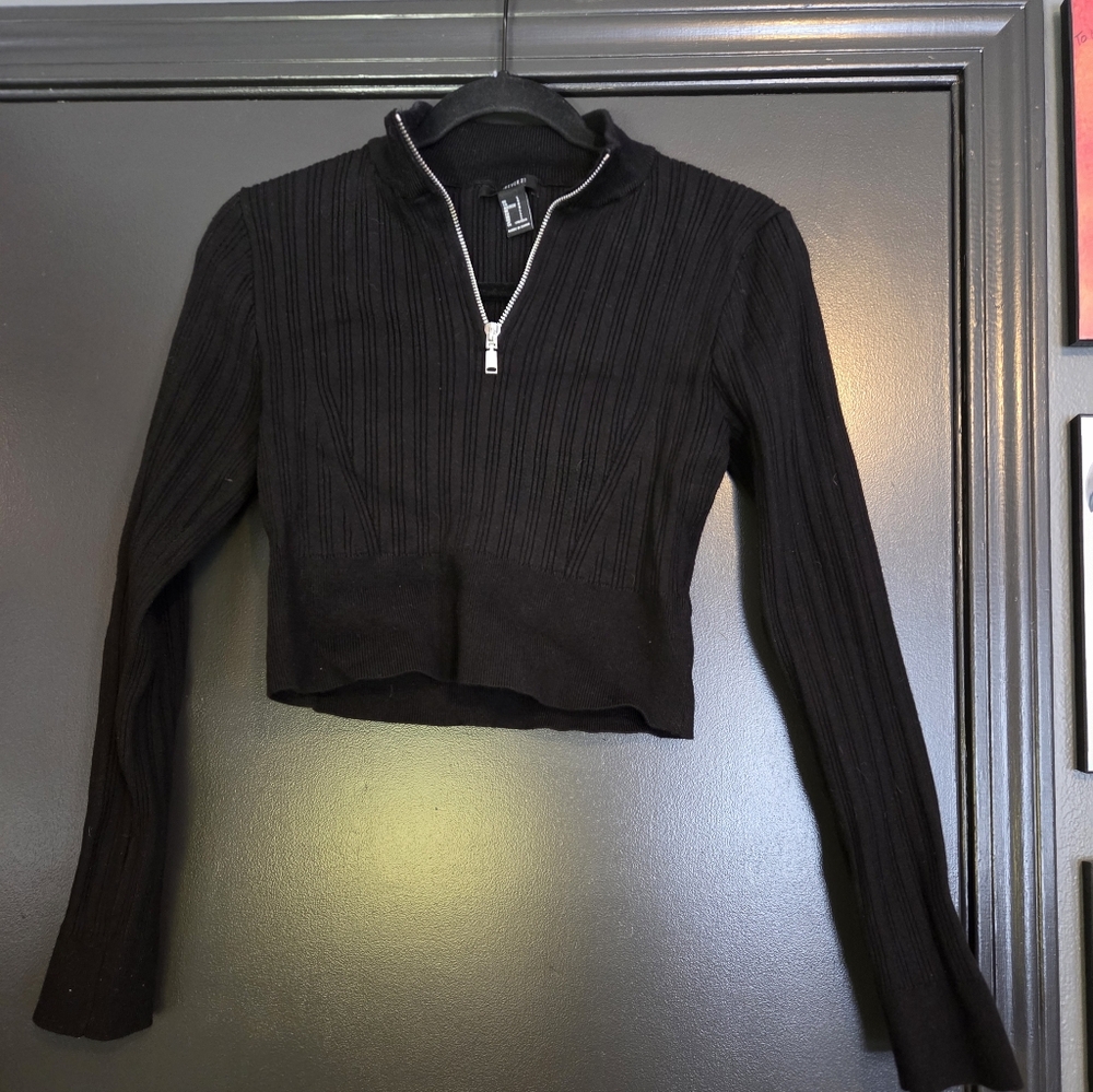 Black Ribbed Zip-Up Women's Top